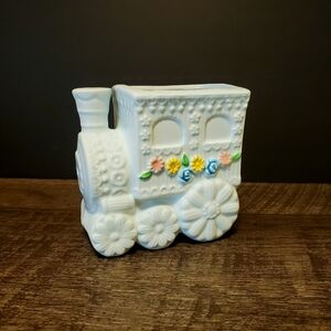 Vintage Pastel Train Planter for Nursery Japan Locomotive Ceramic Blue